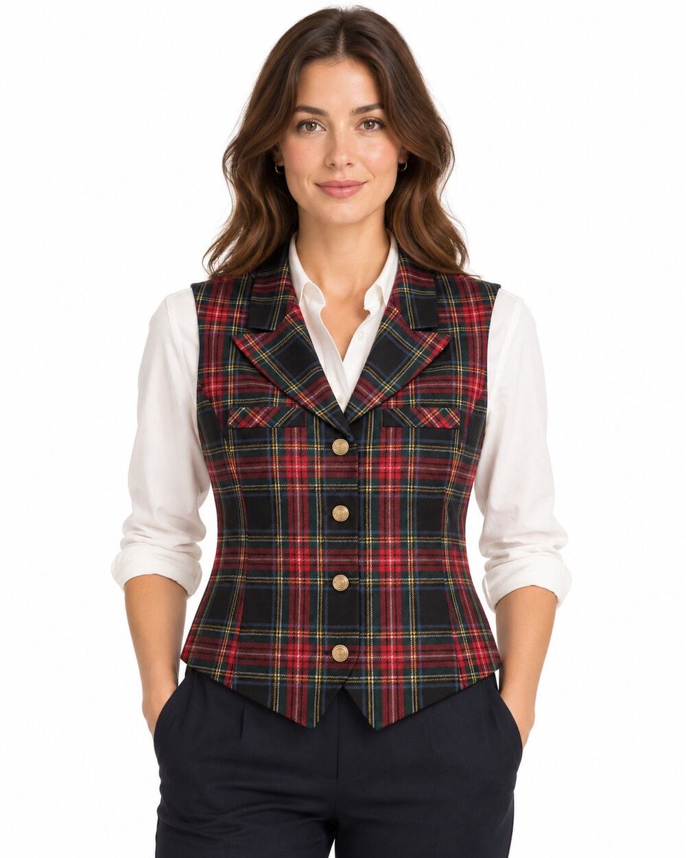 Vintage 1980s Giorgio Sant’Angelo Tartan Plaid Wool Vest Red Black Large